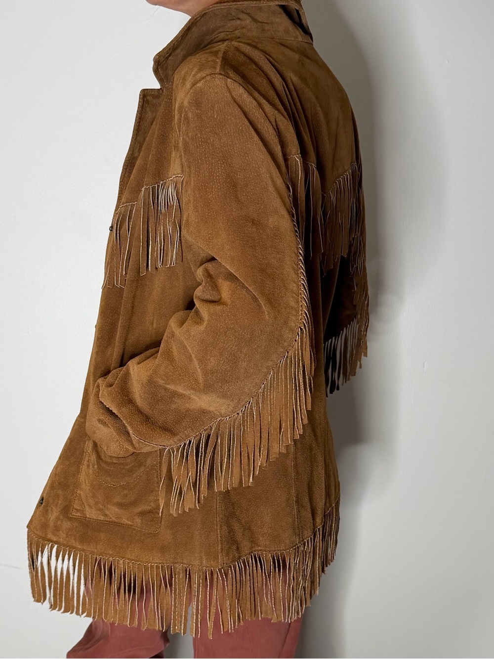 Vintage Boho Western Winlit Brown Leather Suede Fringe Jacket Women’s Medium